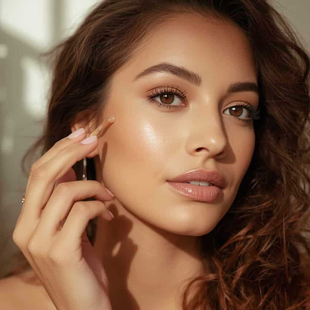 Woman applying organic face serum with natural botanical ingredients